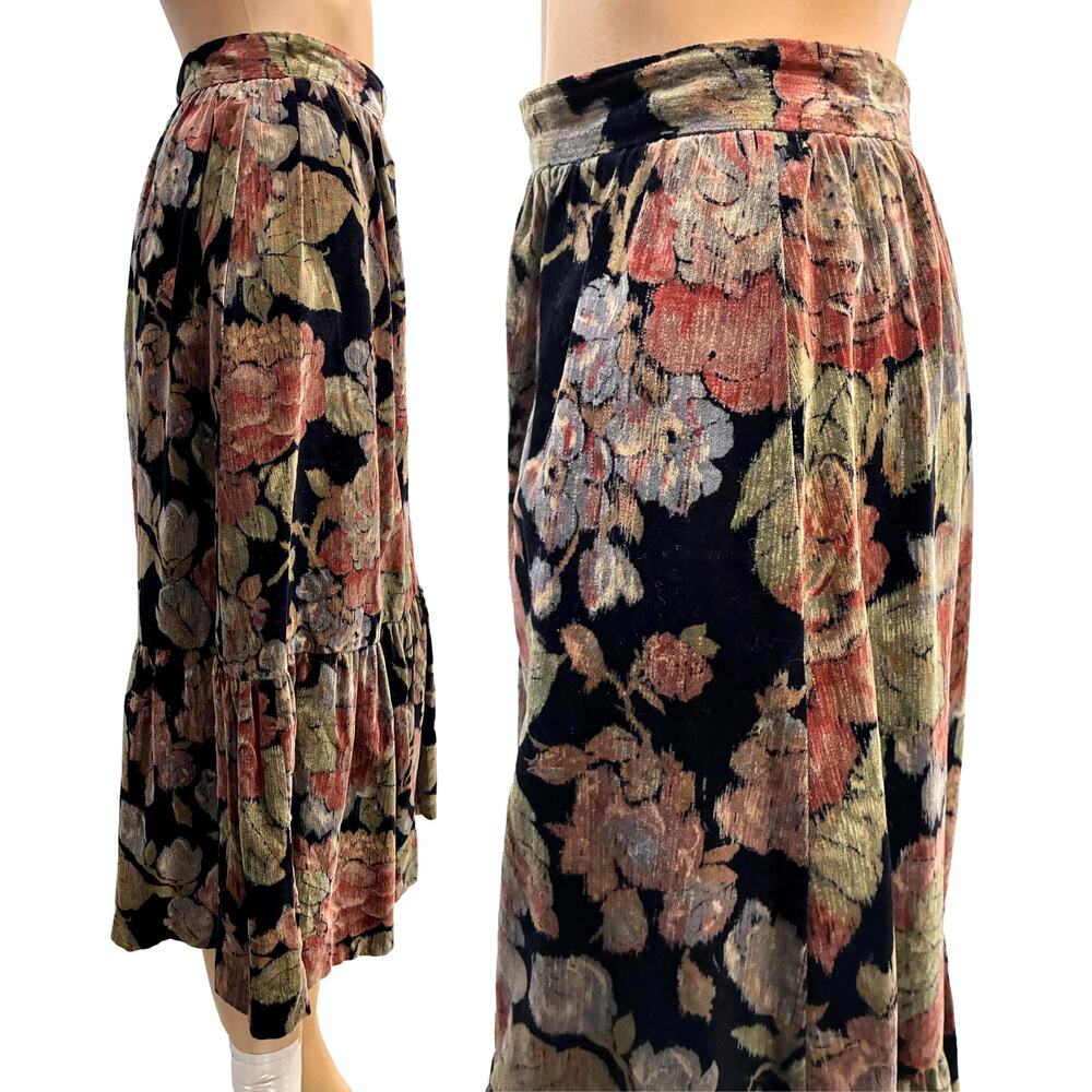 70s Strawberry Plant Velvet Floral Skirt Dorothy Schoelen Midi Ruffle Hem XS - Picture 7 of 8